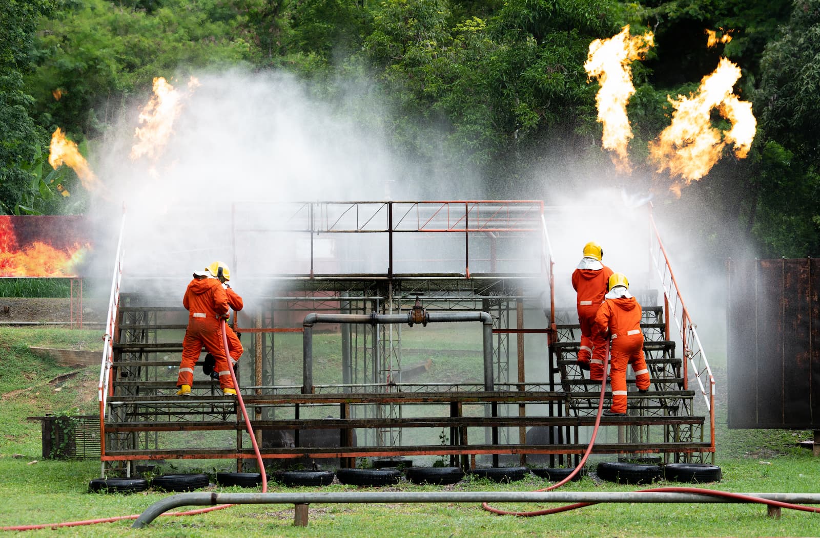 Pompier en action portant un équipement complet de protection contre l’incendie (EPI de lutte contre l’incendie)