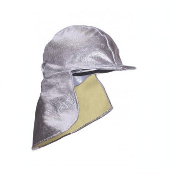 Aluminised helmet cover worn over hard hat, thermal protection