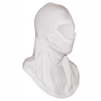 Fire hood with face flap side view