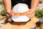 Soway UV neck protector for hard hat, white with fluorescent orange strip