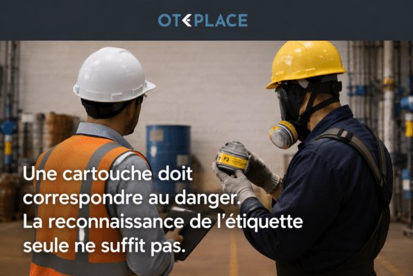 Cartouche filtrante P3 inspectée dans un environnement industriel pour vérifier son adéquation avec les risques respiratoires.