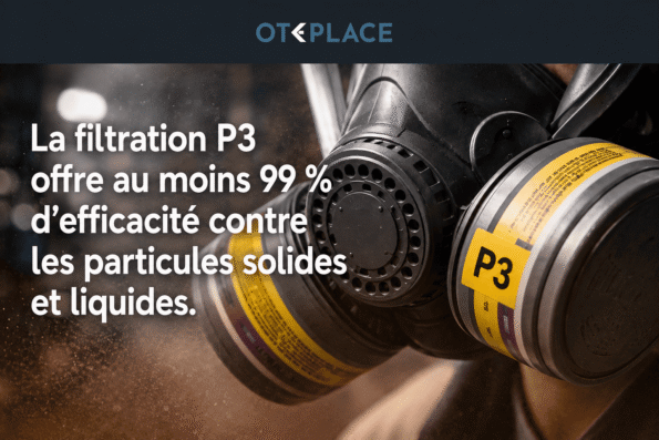 Masque respiratoire équipé de filtres P3 pour la protection contre les particules solides et liquides en milieu industriel.