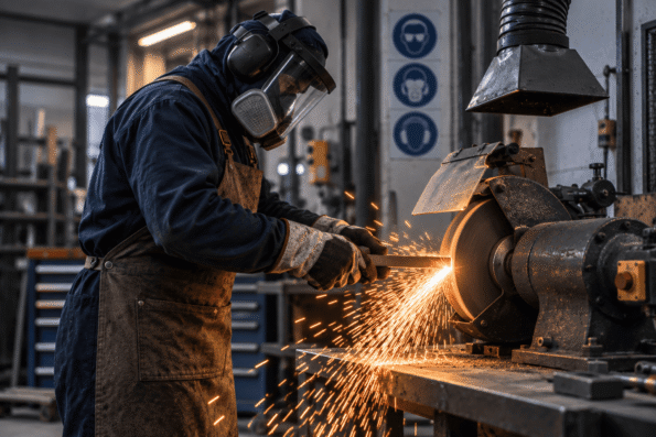Test d’étincelles sur un métal à l’aide d’une meuleuse, avec un opérateur portant une protection respiratoire et des EPI dans un atelier industriel.