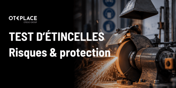 Test d’étincelles des métaux sur une meuleuse avec un opérateur portant une protection respiratoire et des EPI.