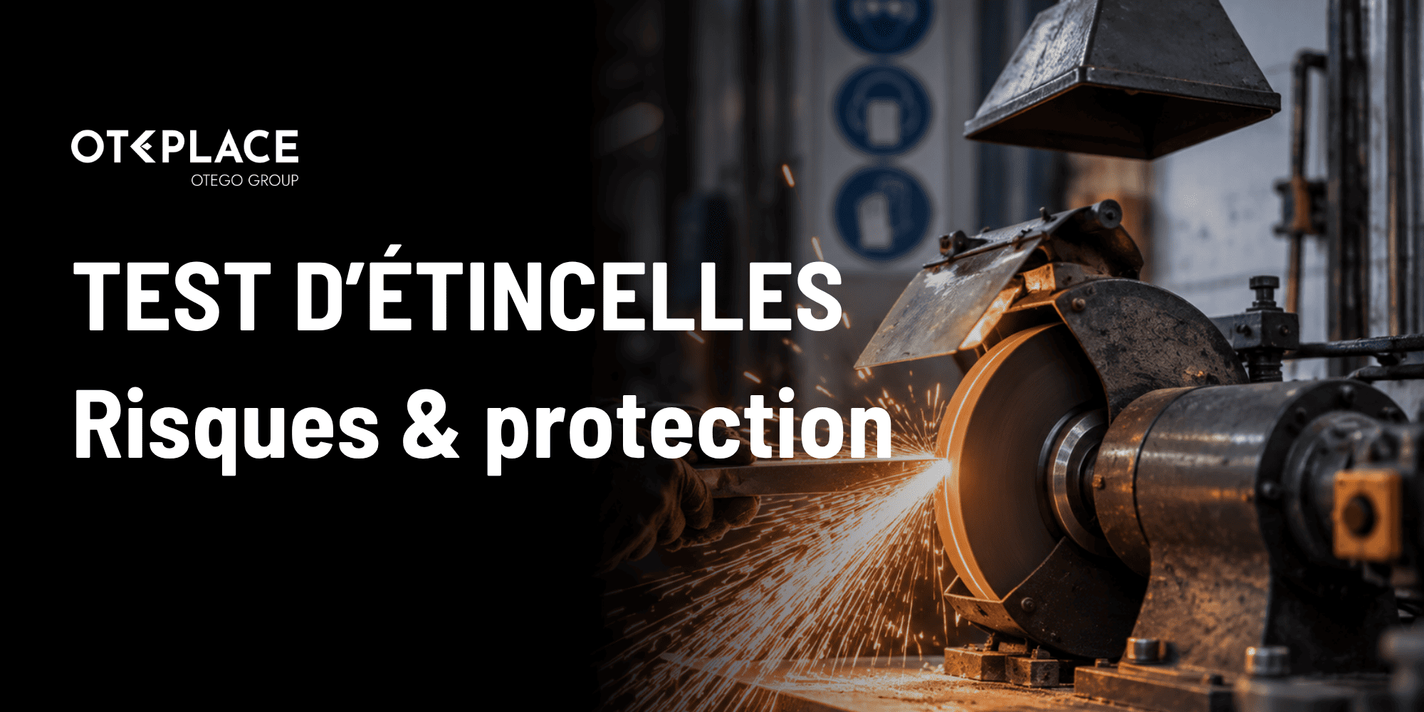 Test d’étincelles des métaux sur une meuleuse avec un opérateur portant une protection respiratoire et des EPI.
